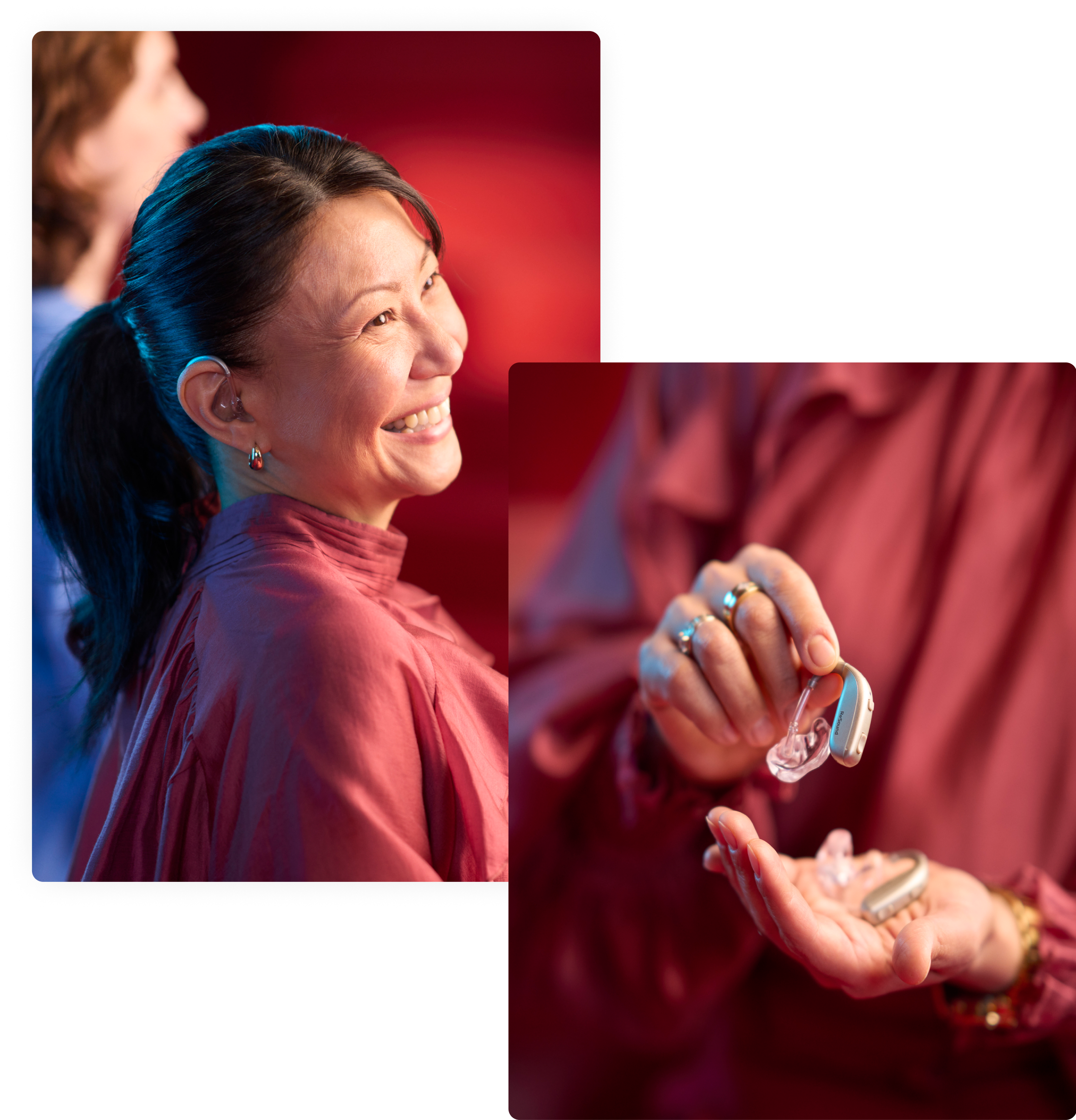 A woman wearing ReSound Enzo IA hearing aids is smiling and looking happy as her hearing aids are allowing her to connect to the world around her.